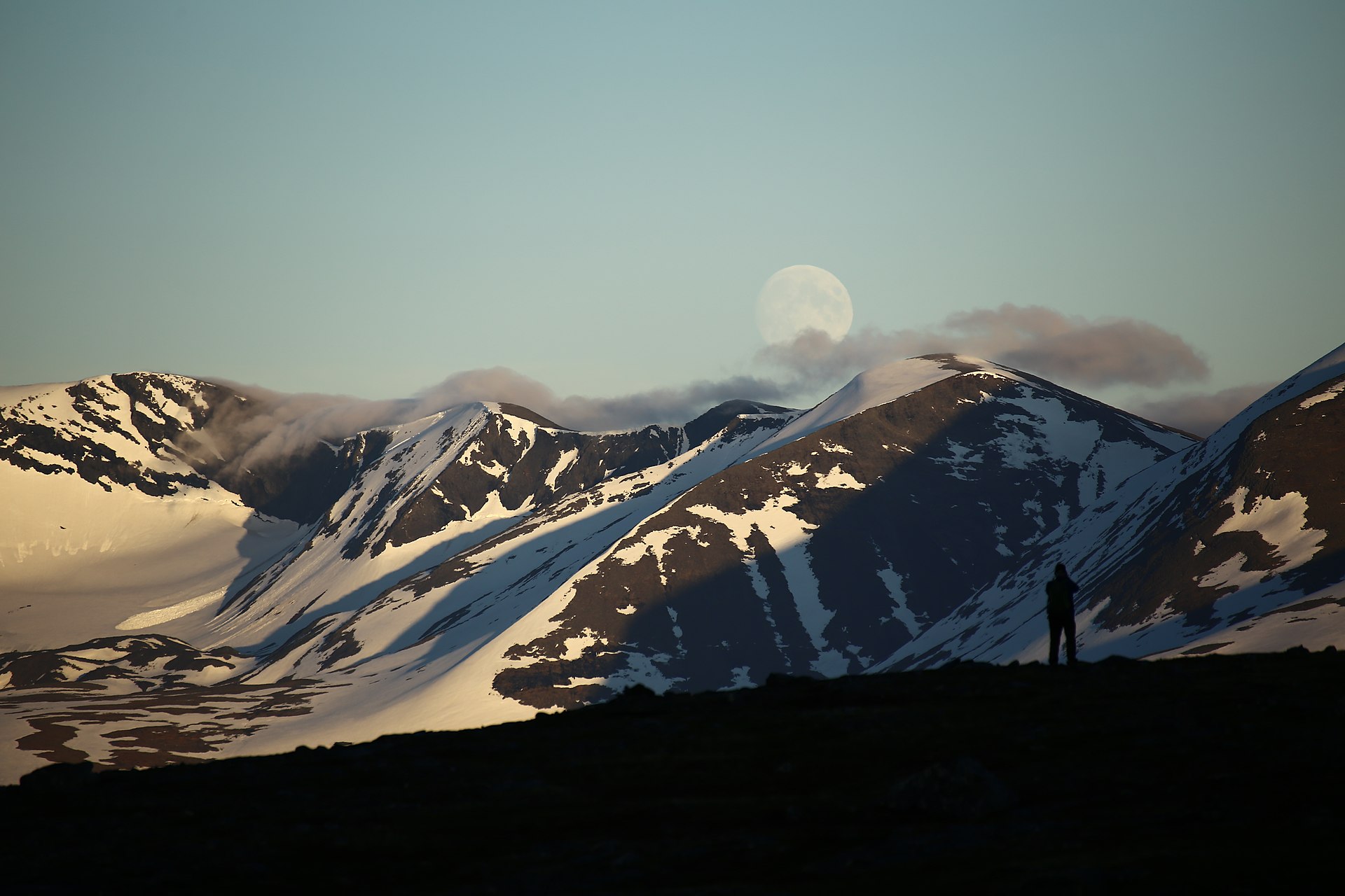 Siluett av en fotograf på ett fjäll i Abisko nationalpark, med snötäckta toppar och en stor fullmåne som stiger över bergskedjan i skymningen.